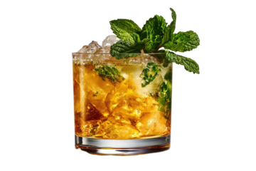 A refreshing cocktail in a rocks glass with mint, ice, and a light golden liquid