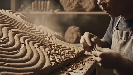 Craftsman Carefully Carves Detailed Wooden Sculpture in Workshop - Powered by Adobe