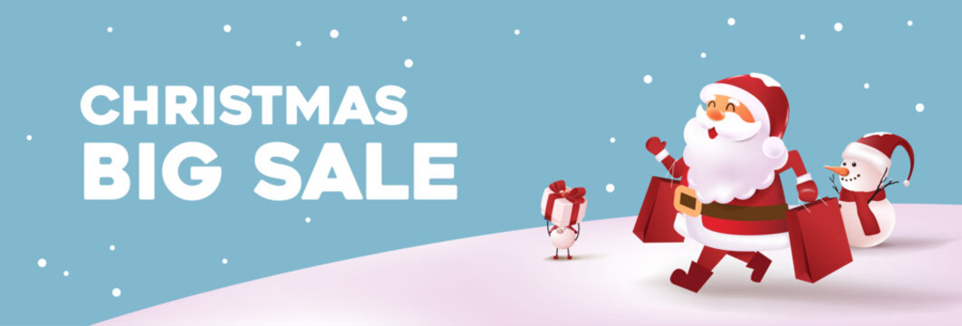 Christmas sale shopping banner with Santa snowman gift and winter landscape for holiday promotion poster header and online advertising design