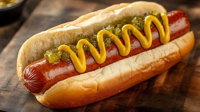 Steamed hot dog on bread with mustard and relish