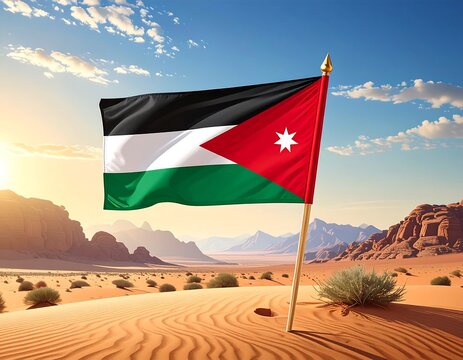 Jordanian flag waving proudly in the desert, against a backdrop of sun, sand and red rock formations - Powered by Adobe