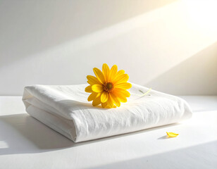 Yellow Daisy on Stacked White Towels with Softly Draped Curtain Backdrop.
