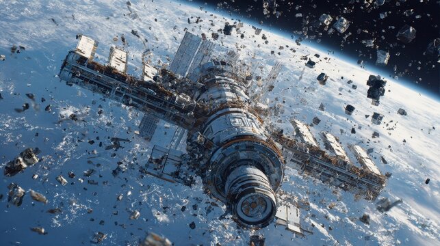A large space station floats in low Earth orbit, surrounded by scattered pieces of debris. This scene highlights the growing issue of space junk that poses risks to space missions.