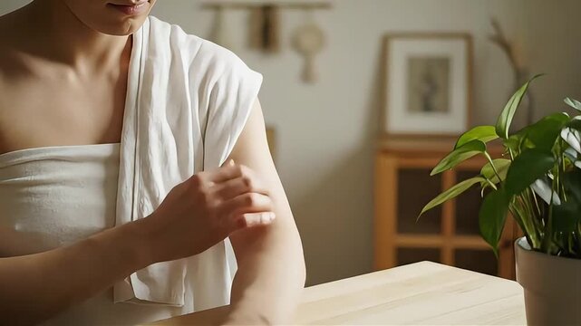 Woman Applying Lotion to Arm in Serene Indoor Setting.