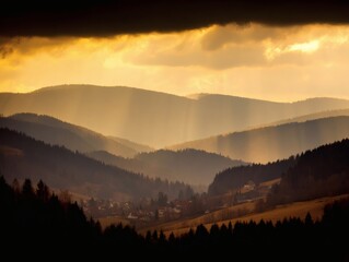 ridge. Golden sunrise light breaking through clouds over a peaceful mountain valley at dawn. travel magazines, destination branding, designed for outdoor magazines and nature guides.