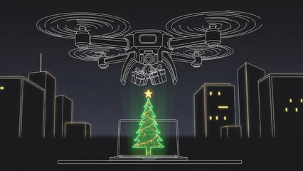 One-Line Drone Delivering Gifts and Laptop with Christmas Tree Hologram – Futuristic Holiday Design