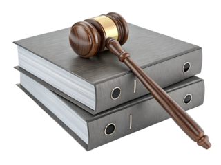Wooden Judge's Gavel Resting on Stack of Two Gray Office Binders Representing Law and Justice Isolated on White