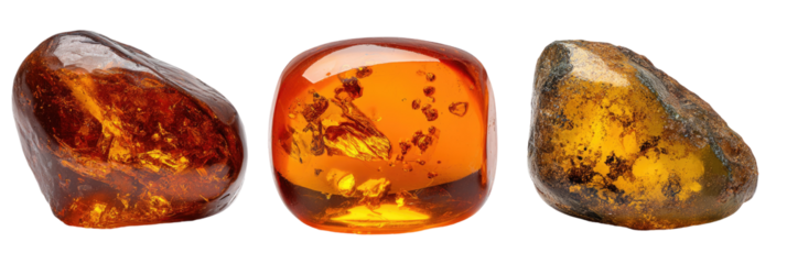 Three translucent, polished gemstones of warm amber hues with inclusions, set against a black backdrop