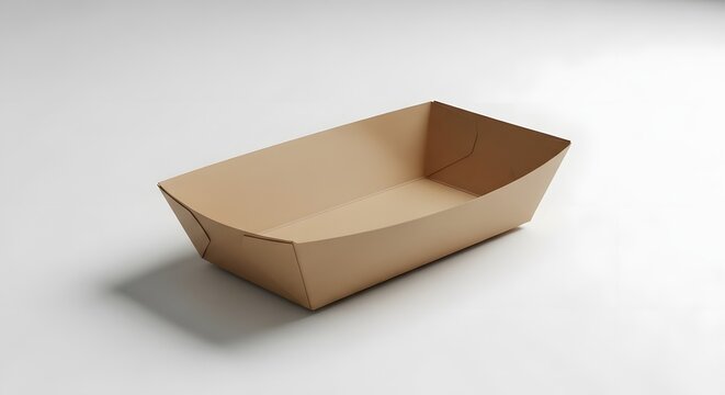 Single empty kraft paper food tray eco friendly disposable packaging on a plain white surface