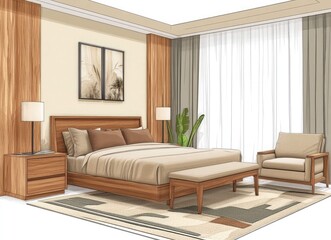 Modern Cozy Bedroom Interior with Wooden Furniture and Soft Neutral Tones
