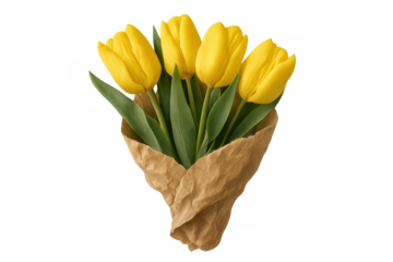 Yellow tulips bouquet highlighting concepts of spring, freshness, beauty, and gift giving, isolated on transparent background