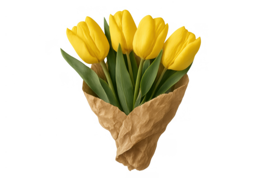 Yellow tulips bouquet highlighting concepts of spring, freshness, beauty, and gift giving, isolated on transparent background