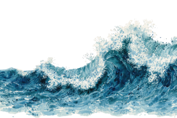 An artistic depiction of a cresting ocean wave with water foam and spray against black
