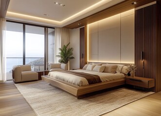 Modern and luxurious bedroom with elegant lighting and minimalist decor

