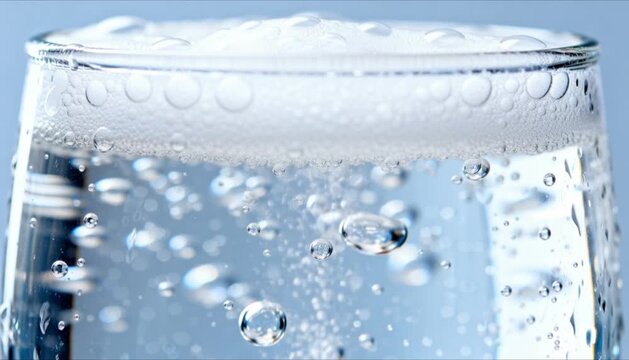 carbonated drink fizzing with micro bubbles in close up glass, refreshing look, seamless slow motion beverage advertisement, cool water texture detail