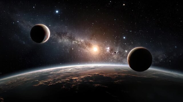 Exploring a vibrant deep space background featuring distant planets and a shining star in an expansive cosmos