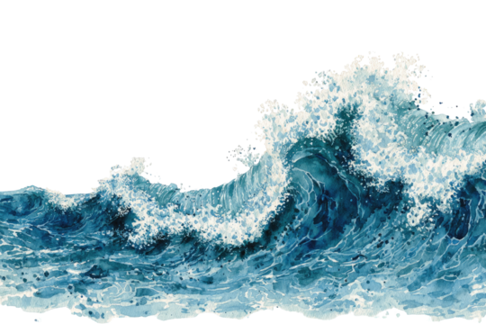 An artistic depiction of a cresting ocean wave with water foam and spray against black