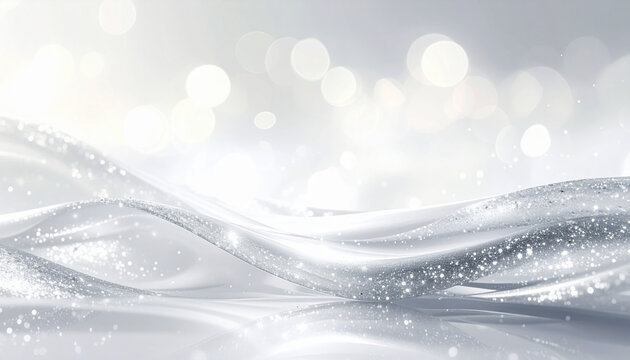 Silver glitter wave with sparkling bokeh lights in soft white background creating festive and elegant atmosphere with smooth flowing texture and shiny particles - Powered by Adobe