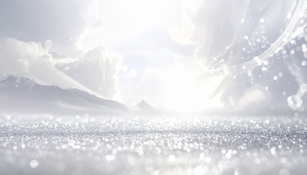 Sparkling silver glitter surface with soft focus bokeh lights and misty mountain background under bright cloudy sky, creating dreamy and ethereal atmosphere