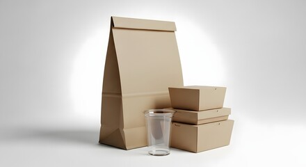 Blank takeaway food packaging set with paper bag cardboard boxes and plastic cup mockup