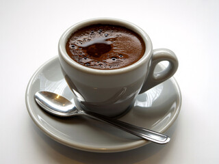 Obraz premium A small grey ceramic cup filled with dark coffee and crema, resting on a matching saucer with a silver spoon on a white background.