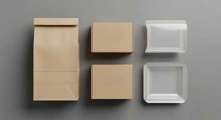 Blank takeaway food packaging collection flat lay on a neutral gray background mockup