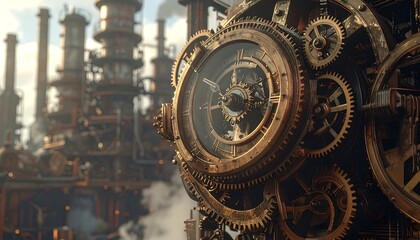 Intricate, steampunk-style clockwork mechanism against a blurred industrial background