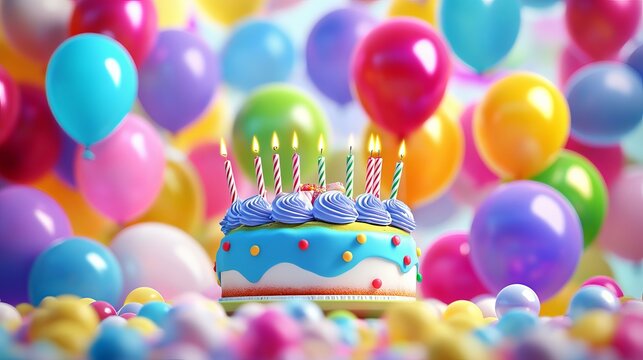 Colorful birthday balloons and festive cake with bright candle glow