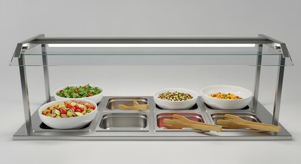 Commercial salad bar station with assorted toppings and sneeze guard