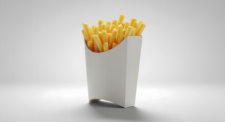 Crispy golden french fries in a white carton box on a clean minimalist background