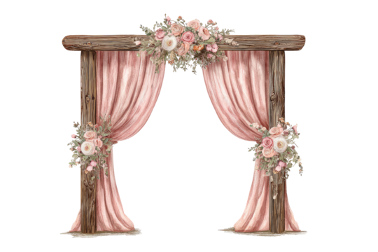 Rustic wooden wedding arch adorned with pink draped fabric and floral arrangements