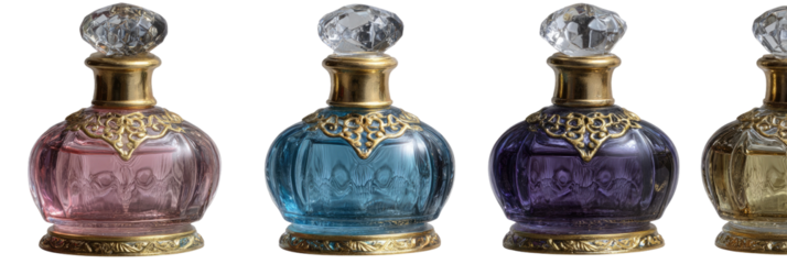 Four ornate glass perfume bottles of different colored liquids. Gold accents and faceted stoppers