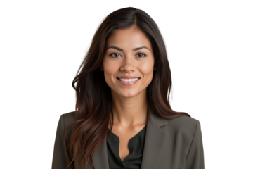 Portrait of a smiling young businesswoman with long dark hair, dressed in a professional blazer, isolated on transparent background