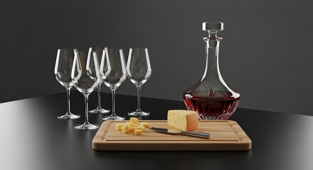Elegant red wine and cheese pairing with crystal decanter and glasses on a dark surface