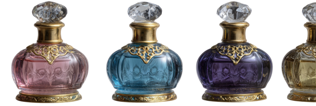 Four ornate glass perfume bottles of different colored liquids. Gold accents and faceted stoppers