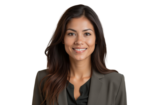 Portrait of a smiling young businesswoman with long dark hair, dressed in a professional blazer, isolated on transparent background