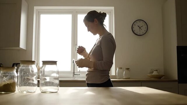 Woman in Kitchen Washing Hands by Window in Morning Light.
