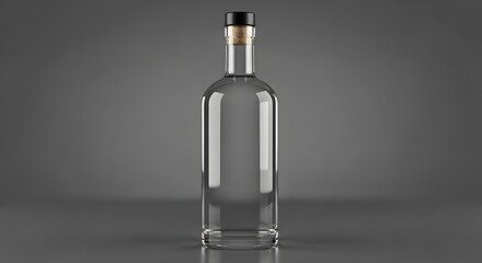 Empty clear glass bottle with cork stopper on gray background for product mockup