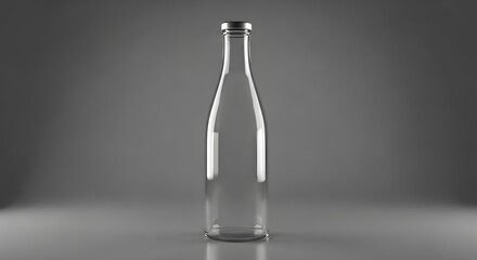 Empty clear glass bottle with silver cap on a neutral gray studio background