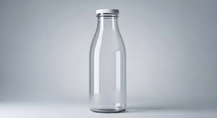 Empty clear glass milk bottle with white cap isolated on a gray studio background