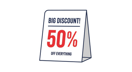 A display tent card advertises a big discount of 50 off everything in red and navy on a white background