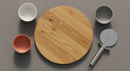 Empty round wooden cutting board with pizza cutter and bowls on a neutral background