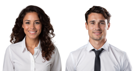 Two diverse, smiling young professionals, a woman and a man, in white shirts, perfect for corporate or teamwork themes