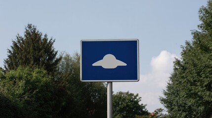 Road sign warning about UFO in the area. Alien saucer