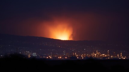 Fire in the distance. Something burns after a missile or drone strike out of the city border