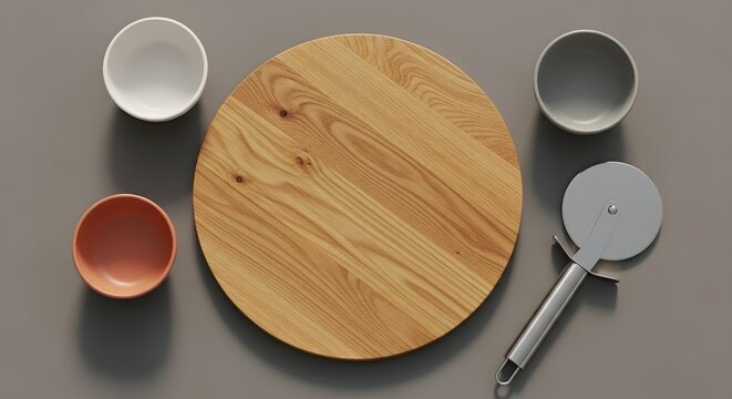 Empty round wooden cutting board with pizza cutter and bowls on a neutral background