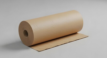 Large roll of brown kraft wrapping paper unrolling on a plain grey studio background