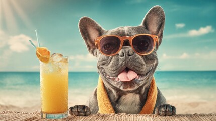 A happy dog sits on a beach towel, wearing sunglasses and a towel around its neck. A colorful drink rests next to it, with a beautiful ocean view in the background.