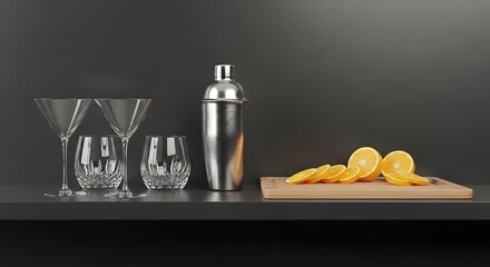 Minimalist cocktail making still life with shaker glasses and fresh orange slices