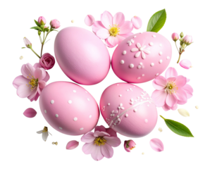 Soft Pink Easter Eggs with Spring Floral Décor – isolated on transparent background